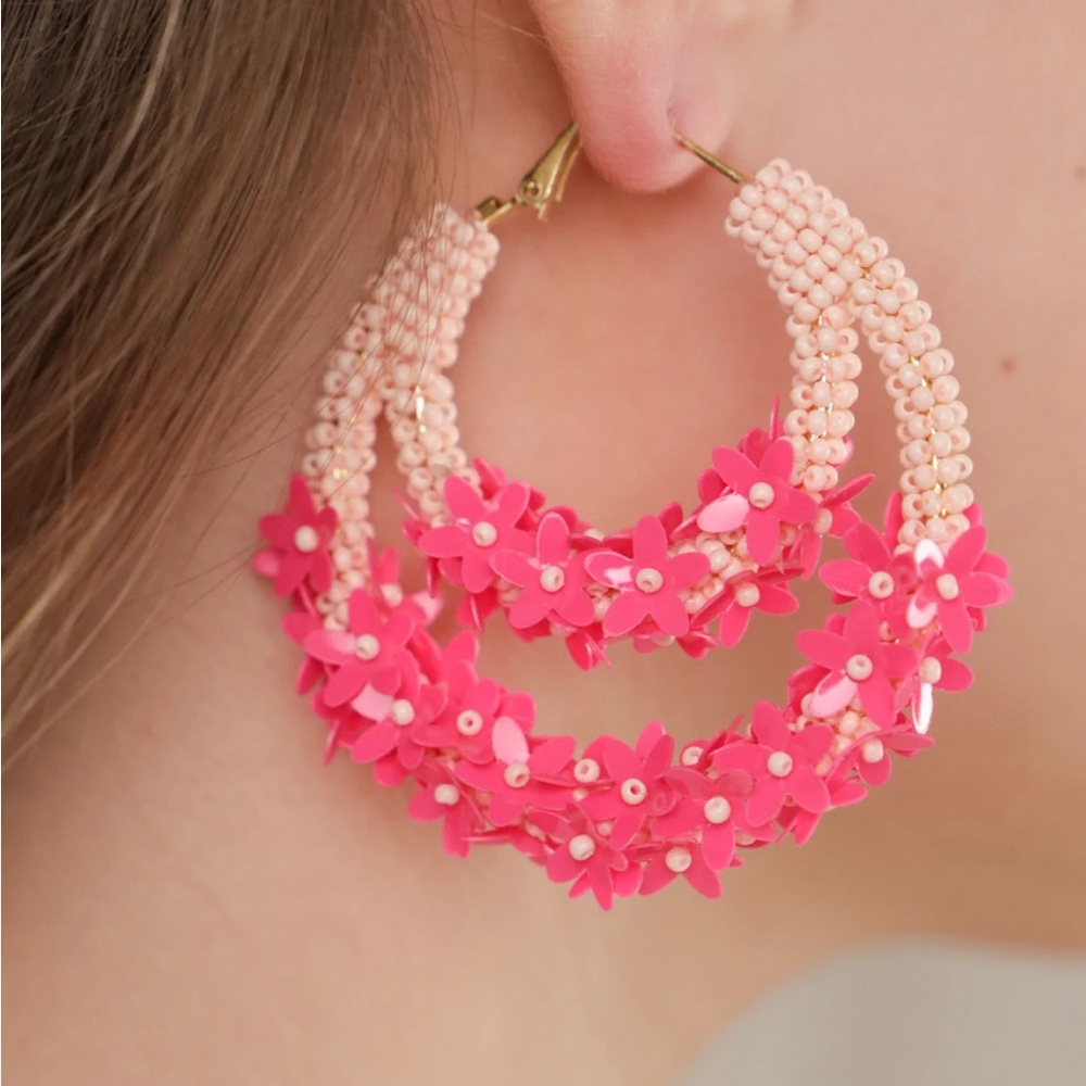 PINK BEADED FLORAL HOOP Earrings
